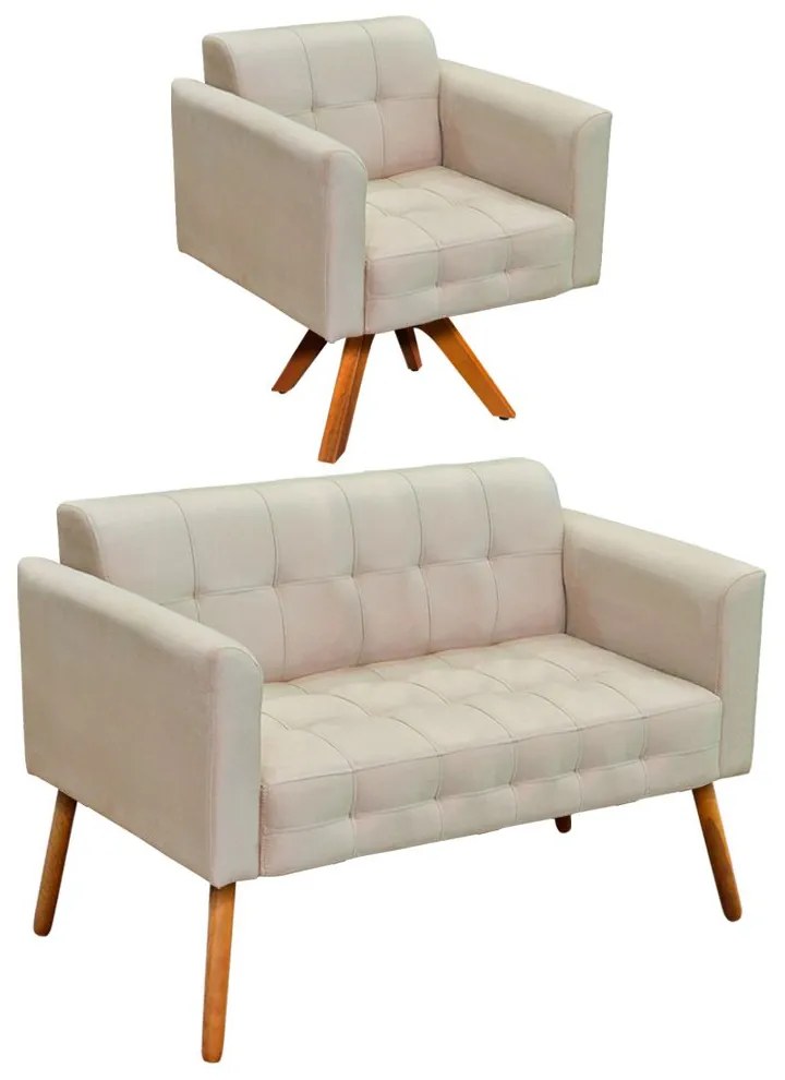 Kit 01 Namoradeira e 01 Poltrona Giratória Elisa Suede Base Madeira MM30 D'Rossi - Bege