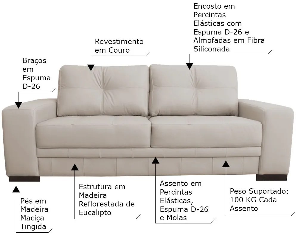 Sofá 3 Lugares Sala de Estar Milano 210cm Couro Off White G58 - Gran Belo