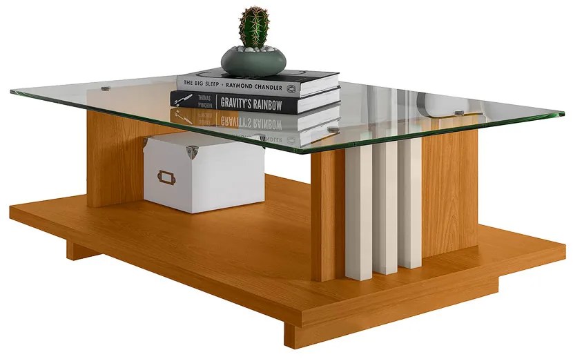 Mesa de Centro Para Sala Ripado Tampo de Vidro Mirezi M20 - D'Rossi - Cinamomo e Off White