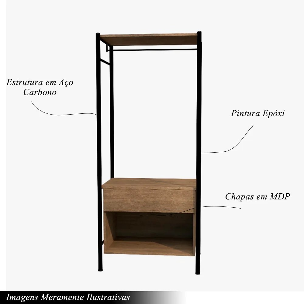 Roupeiro Industrial Simples Solteiro Bávaro 1 Gaveta Preto/Demolição G79 - Gran Belo