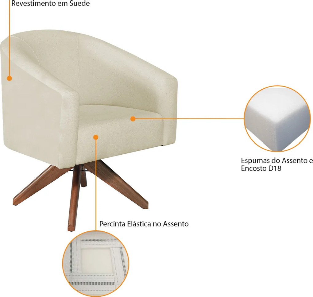 Kit 02 Poltronas Decorativas Sala de Estar Recepção Luiza Base Giratória de Madeira Suede - ADJ Decor