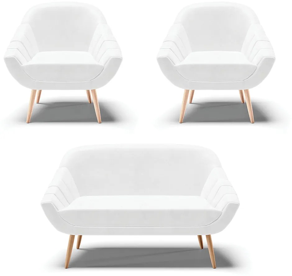 Kit 01 Namoradeira 02 Lugares e 02 Poltronas Giovana Corano Branco Pés Palito Natural - Indo Decorar