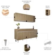 Armário Cozinha e Balcão Com Tampo 180cm Dallas Castanho    - Lumil