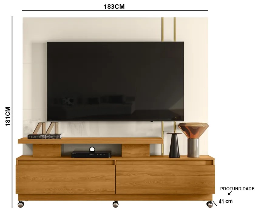 Estante de TV 75 Pol 183cm com Rodízio Sala Belora M20 - D'Rossi - Cinamomo e Off White