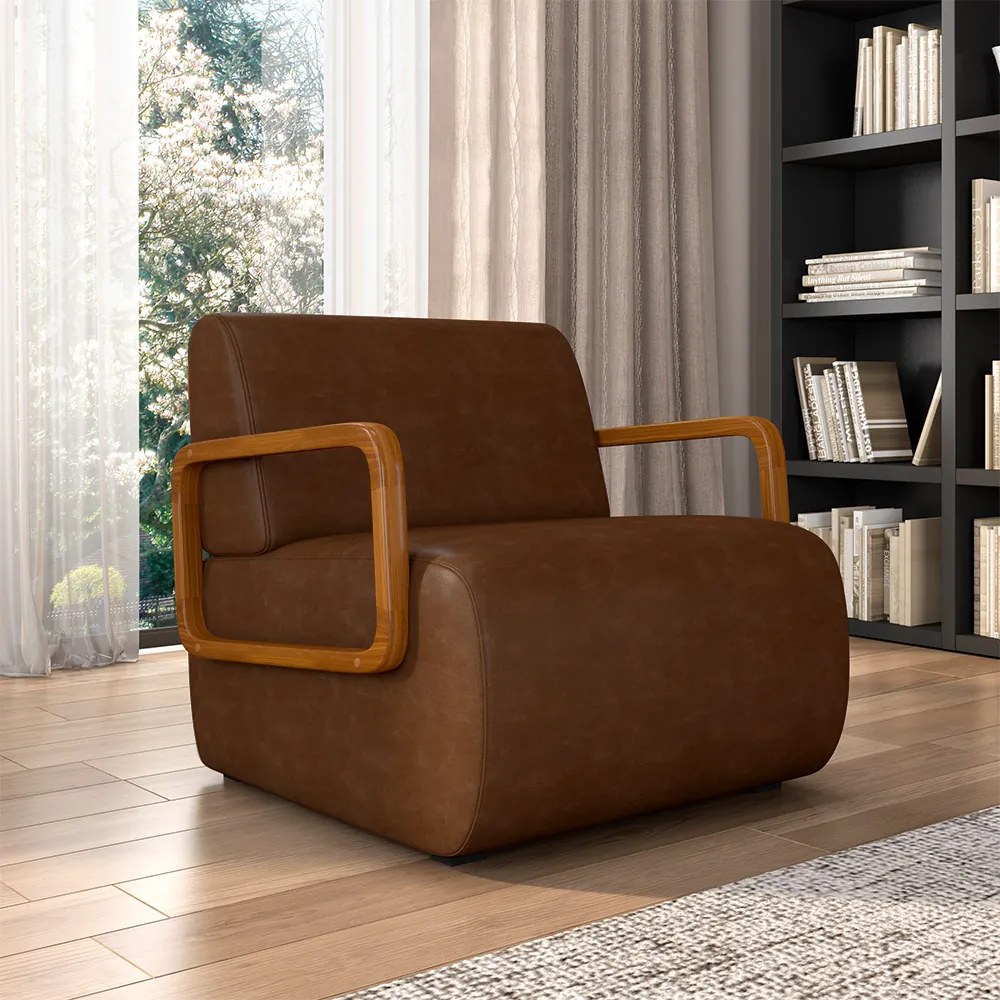 Poltrona Decorativa Sala de Estar Odessa Braços em Madeira PU Marrom G33 - Gran Belo