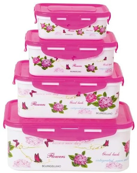 Kit Potes Retangulares Floral Rosa 4 Peças