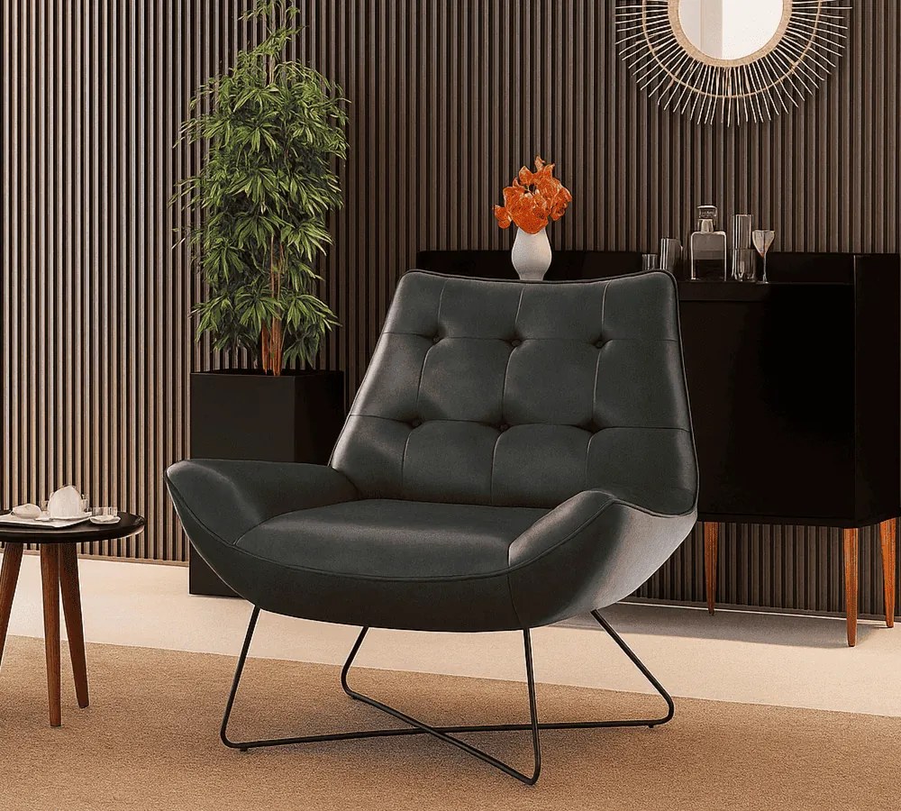 Poltrona Sala Decorativa Base Industrial X Logan Sintético PU R02 - D'Rossi  - Preto