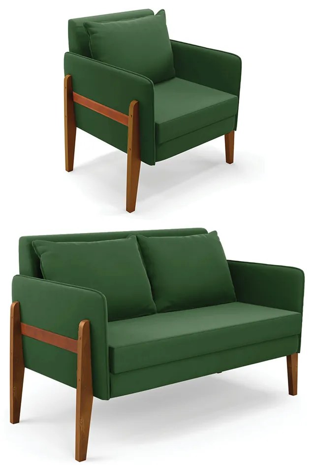 Kit 1 Sofá Namoradeira e 1 Poltrona Lana Suede Verde Base de Madeira - D'Rossi