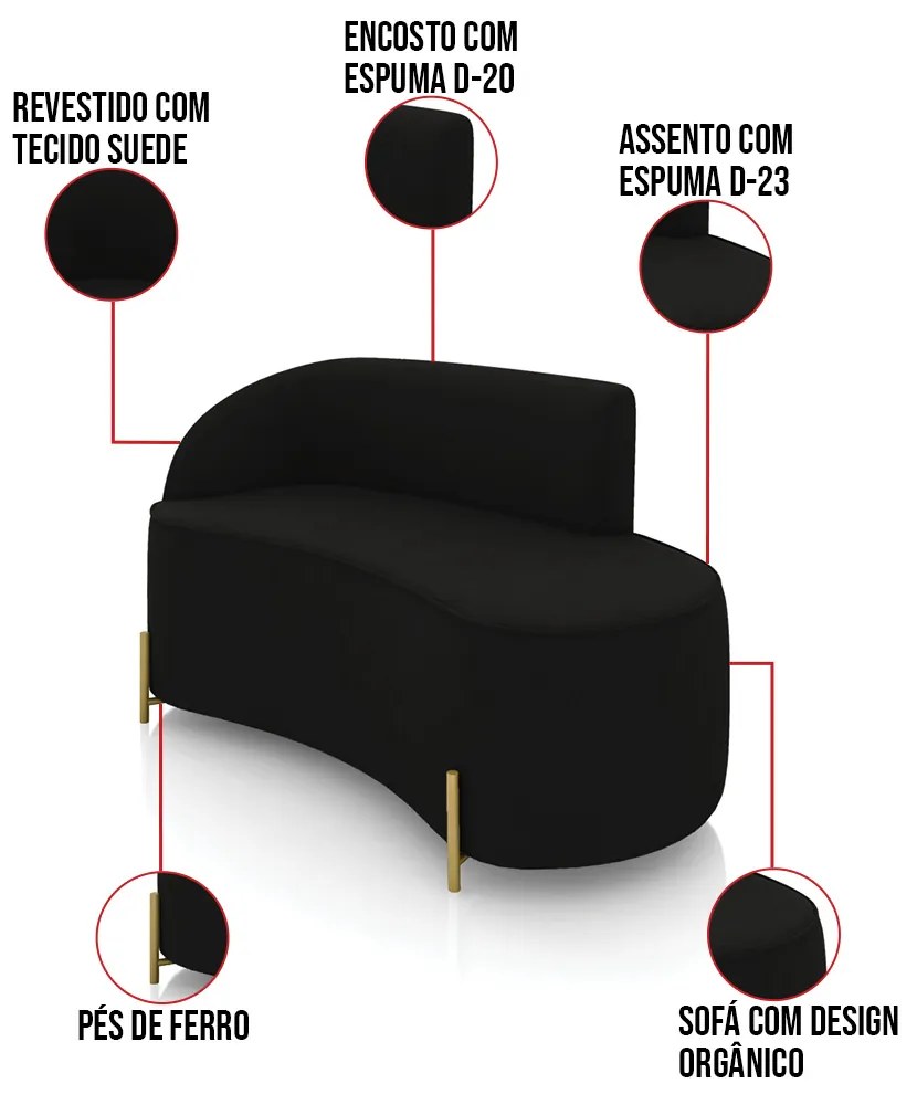 Sofá 2 Lugares Orgânico 140cm Pé Dourado Morgan Suede D03 - D'Rossi - Preto