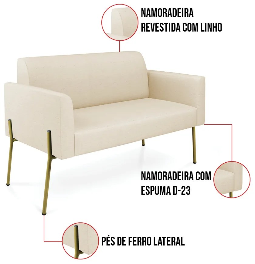 Sofá Namoradeira 2 Lugares Pé de Ferro Dourado Marisa Linho D03 - D'Rossi - Bege