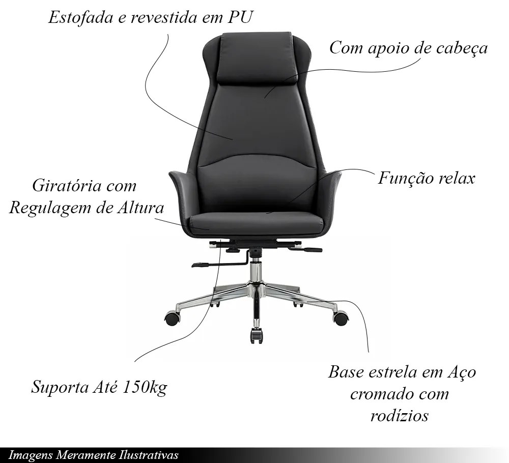 Cadeira de Escritório Office Presidente United Base Estrela com Rodízios PU Preto G56 - Gran Belo