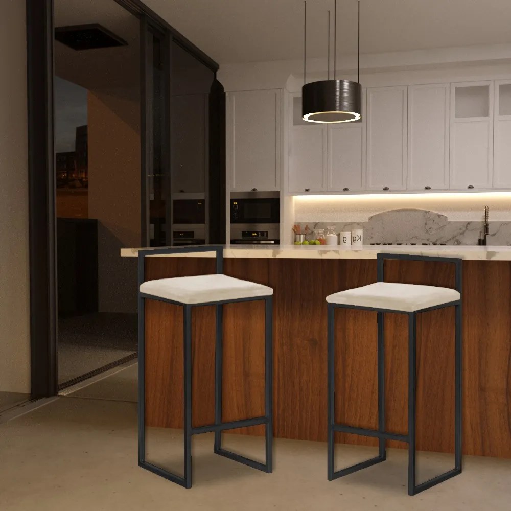 Banqueta Decorativa Jasmine Base Preto Veludo Bege G41 - Gran Belo