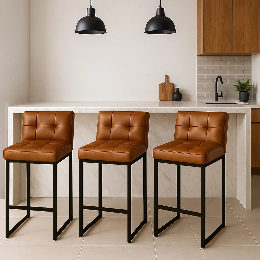 Banqueta Cozinha Alta com Encosto Industrial Kit 3 Preto Lirina PU C05 - D'Rossi - Whisky