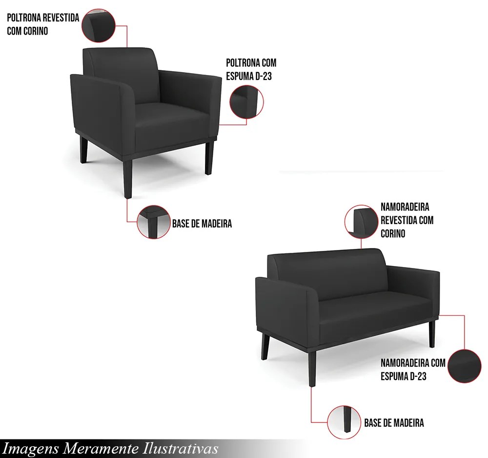 Conjunto 2 Poltronas e 1 Namoradeira Decorativa Isabella Pés Fixo em Madeira Preto PU Preto G19 - Gran Belo