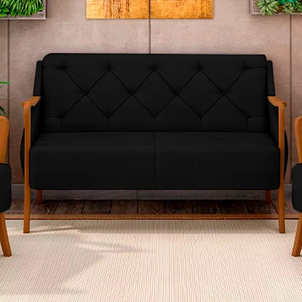 Poltrona Namoradeira Decorativa 2 Lugares Braços em Madeira Hand Veludo Preto G45 - Gran Belo
