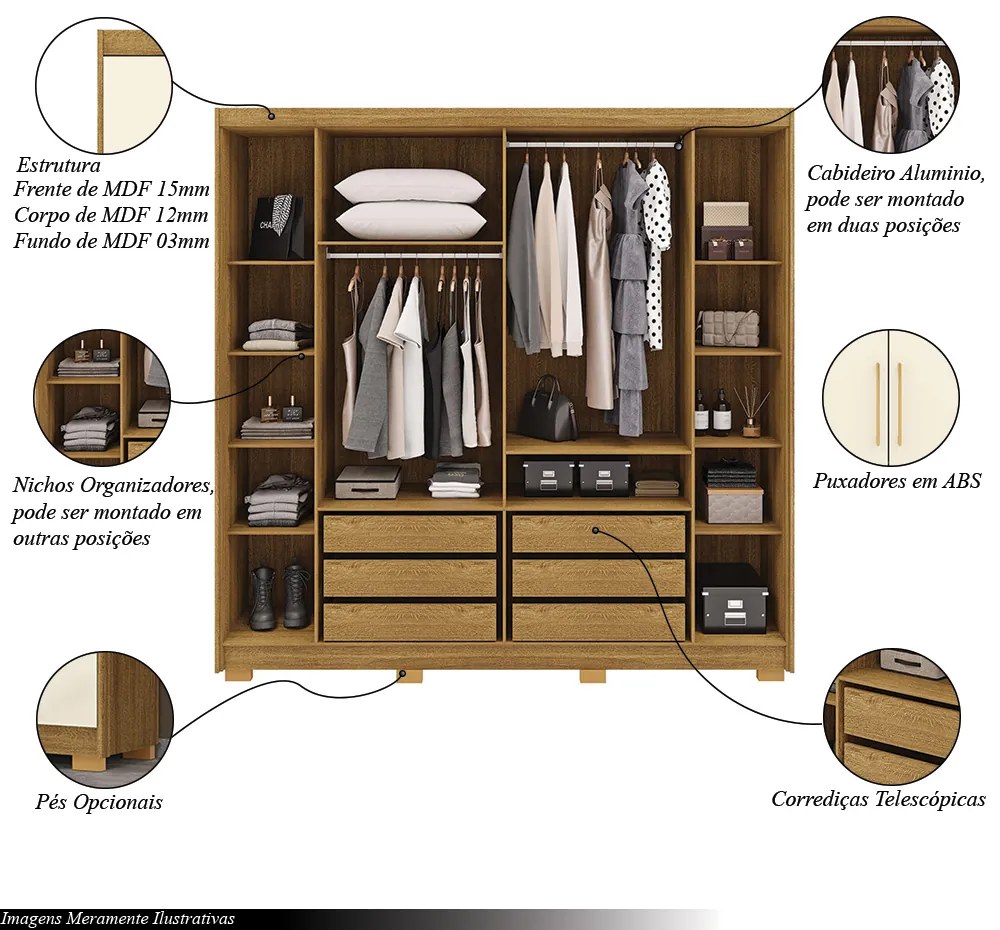 Guarda Roupa Casal Madesa 6 Portas Bater 6 Gavetas com Cabideiros Ajustáveis MDF Nature/OffWhite G98 Gran Belo