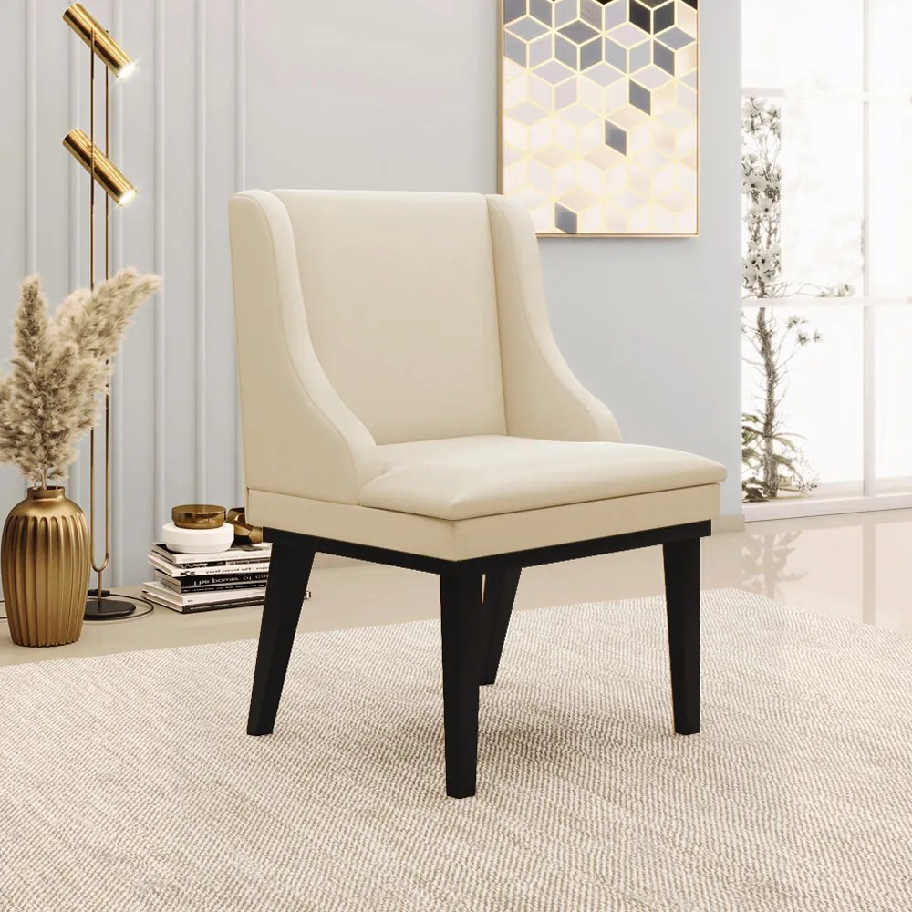 Kit 2 Poltronas Decorativas Base Fixa de Madeira Firenze PU Bege/Preto G19 - Gran Belo