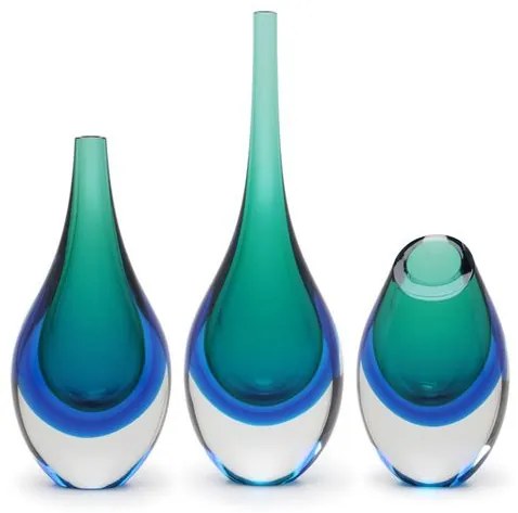 Conjunto 3 Gotas Mini Bicolor Verde com Água-marinha Murano Cristais Cadoro