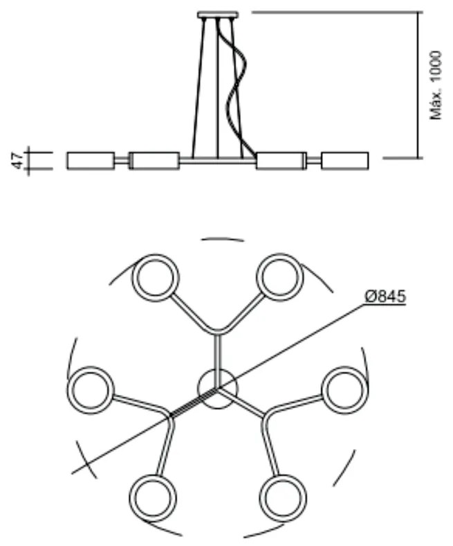 Pendente Spinner Ø84,5Cm 6Xpci Led 5W | Usina 16580/6 (PT - Preto Texturizado, 110V)