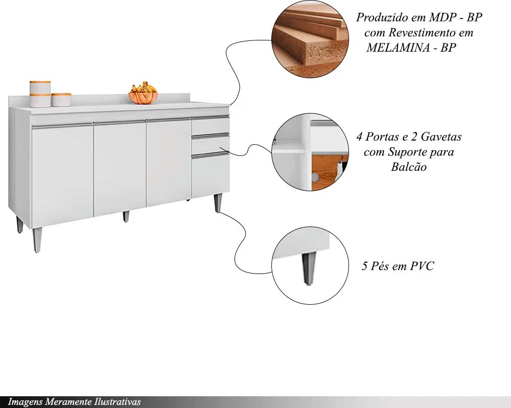 Conjunto Balcão de Cozinha com Tampo Dodoma MDP/BP Branco G96 - Gran Belo