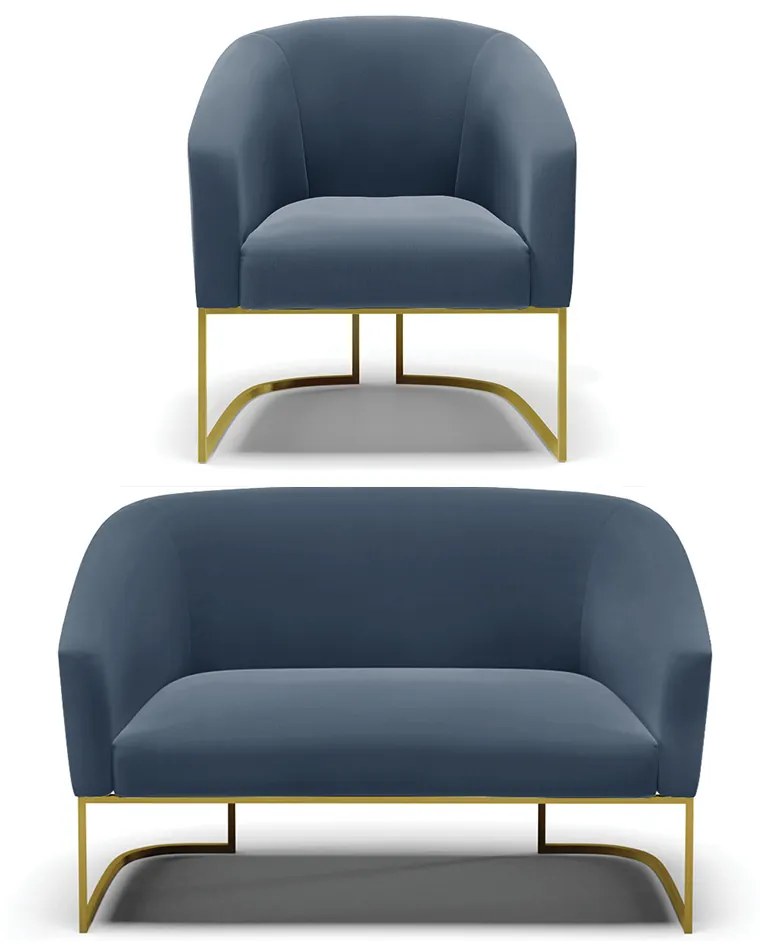 Sofá Namoradeira e Poltrona Industrial Dourado Stella Suede D03 - D'Rossi - Azul Marinho