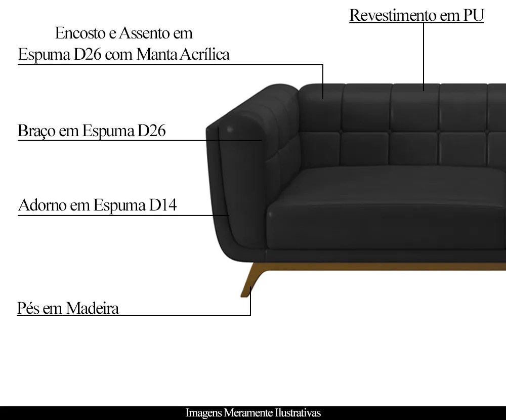 Sofá Decorativo Sala de Estar 240cm Rocket 3 Lugares Base Madeira PU Preto G45 - Gran Belo
