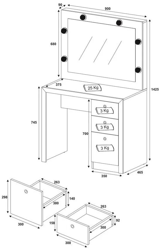Penteadeira Camarim 90x41cm 6 Soquetes 3 Gavetas Branca