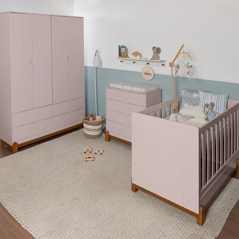 Kit Quarto Infantil Lotus Berço Mini Cama com Frisos + Cômoda 4 Gavetas + Guarda-Roupa 4 Portas com 4 Gavetas - Rosa Fosco