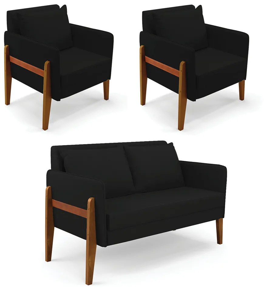Kit 1 Sofá Namoradeira e 2 Poltronas Lana Linho Preto A79 Base de Madeira