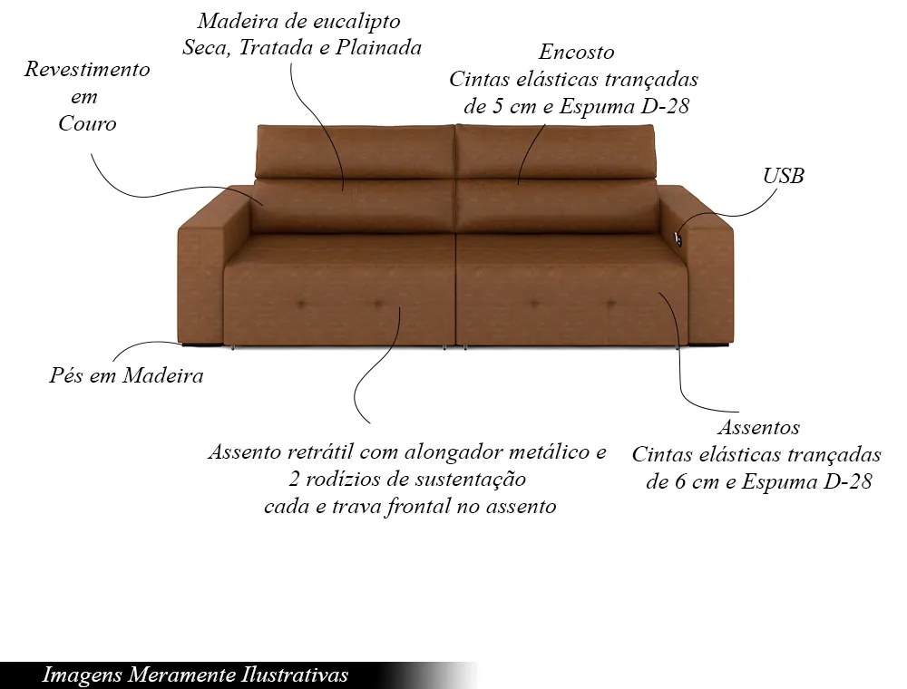 Sofá Retrátil 4 Lugares 264cm 2 Módulos Nero com USB Couro Caramelo Manchado G52 - Gran Belo