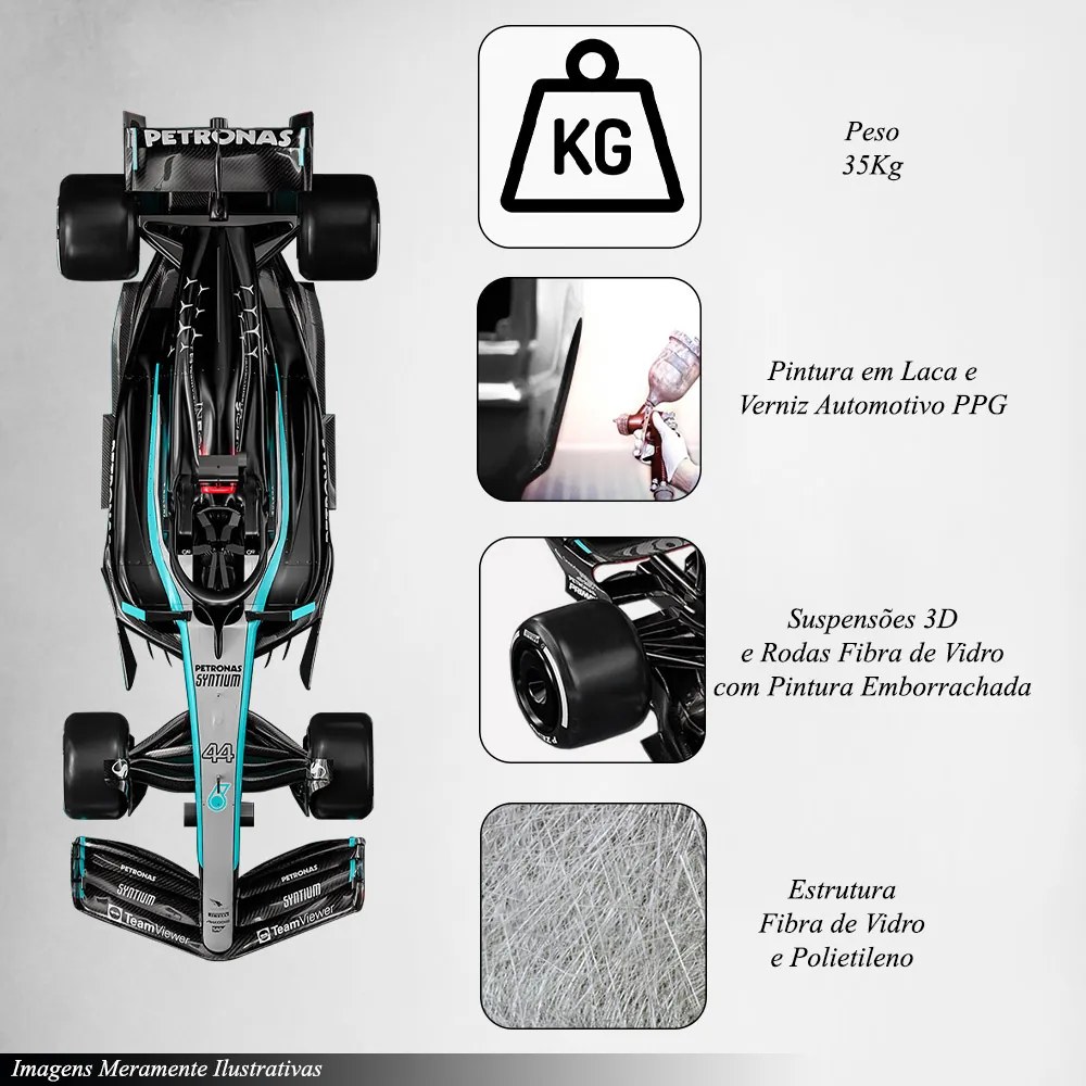 Modelo 1.2 Carro de Corrida MCD W15 2024 Hamilton Artesanal Fibra de Vidro e Polietileno Decorativo F1 Preto/Prata G53 - Gran Belo