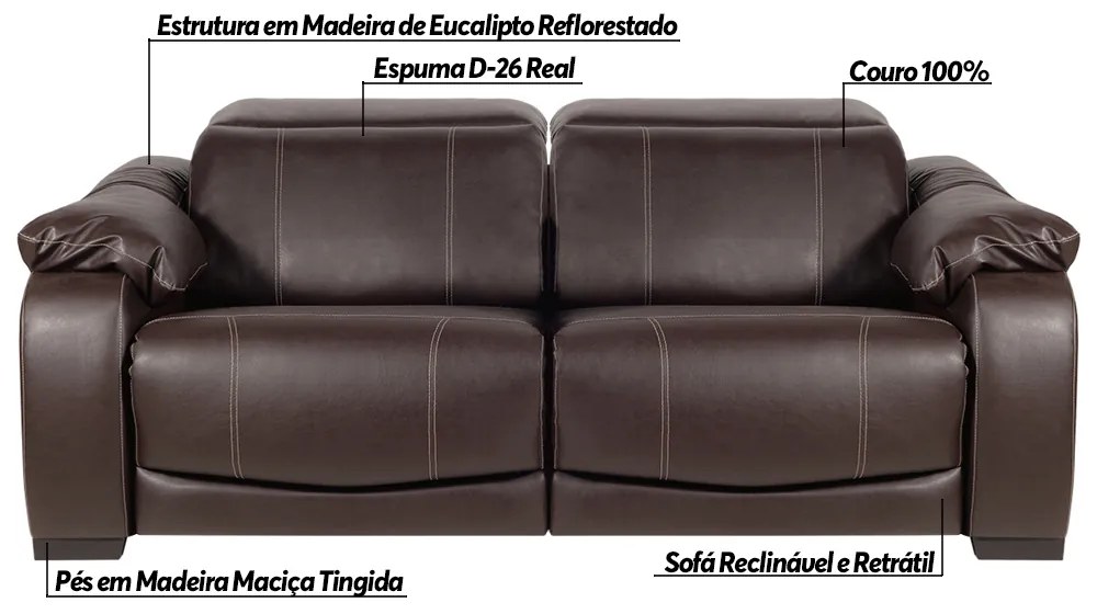 Sofá Elétrico Reclinável e Retrátil 2 Lugares Affection Couro Marrom G34 - Gran Belo