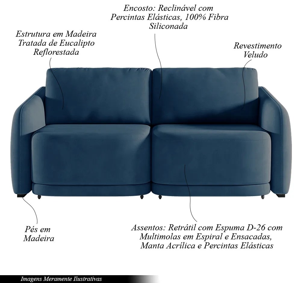 Sofá Cama Modulado Retrátil e Reclinável Decorativo Varsóvia 176cm Veludo Azul Marinho G33 - Gran Belo