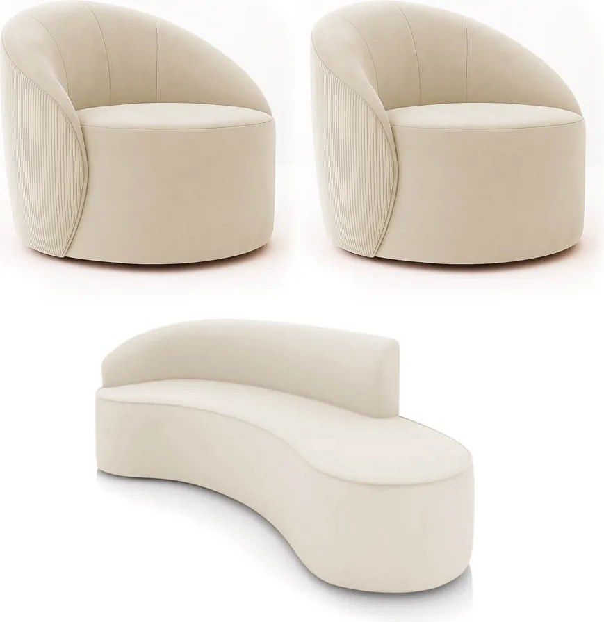 Sofá 3 Lug Orgânico 180cm Morgan e 2 Poltronas Giratória Lua Cotelê/Veludo Bege D03 - D'Rossi