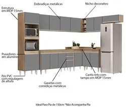Armário de Cozinha Modulada de Canto 8 Peças CP07 Balcão Castanho/Cinz