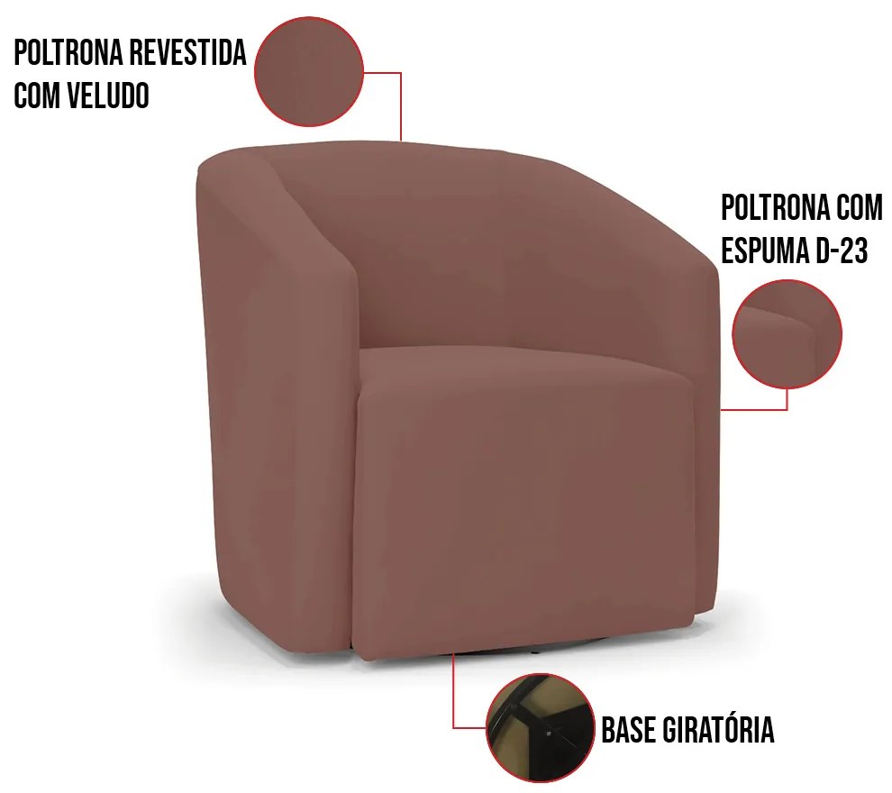 Poltrona Decorativa Base Giratória Stella Max Veludo D03 - D'Rossi - Rose