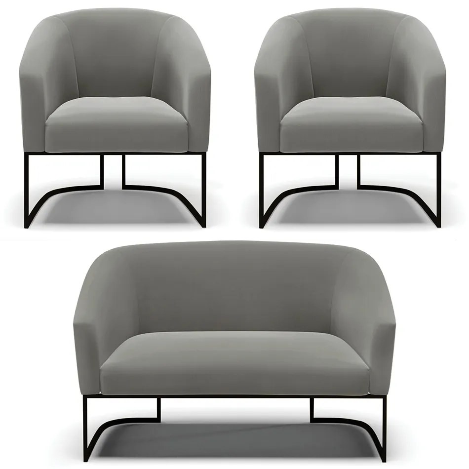 Namoradeira e 2 Poltronas Industrial Preto Stella Suede D03 - D'Rossi - Grafite