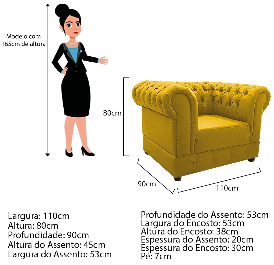 Kit Poltrona e Namoradeira Chesterfield Ana Suede Amarelo - ADJ Decor
