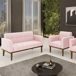 Sofá Namoradeira e 1 Poltrona Base Madeira Castanho Ana Suede Rosa Beb