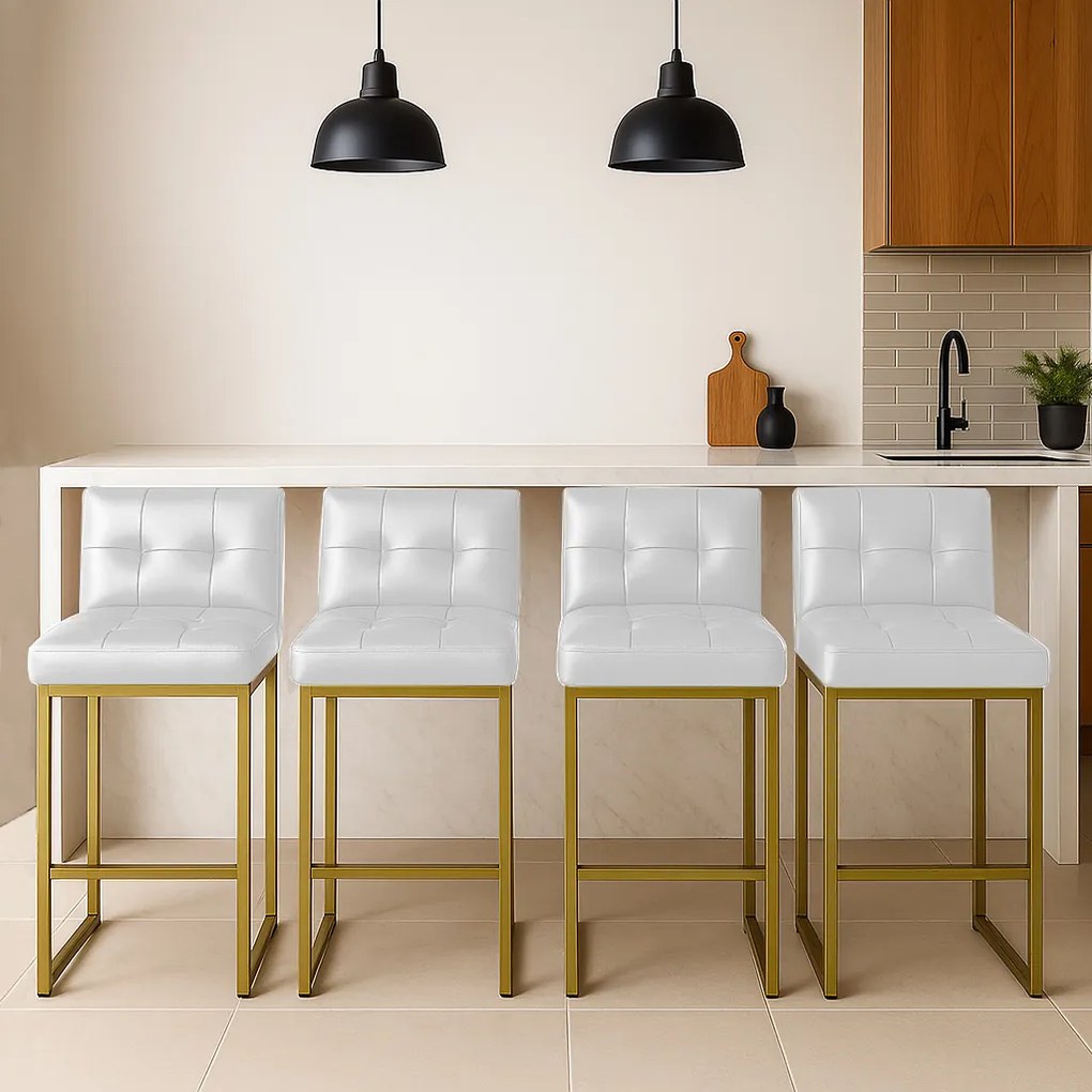 Banqueta Cozinha Alta com Encosto Industrial Kit 4 Dourado Lirina PU Branco C05 - D'Rossi