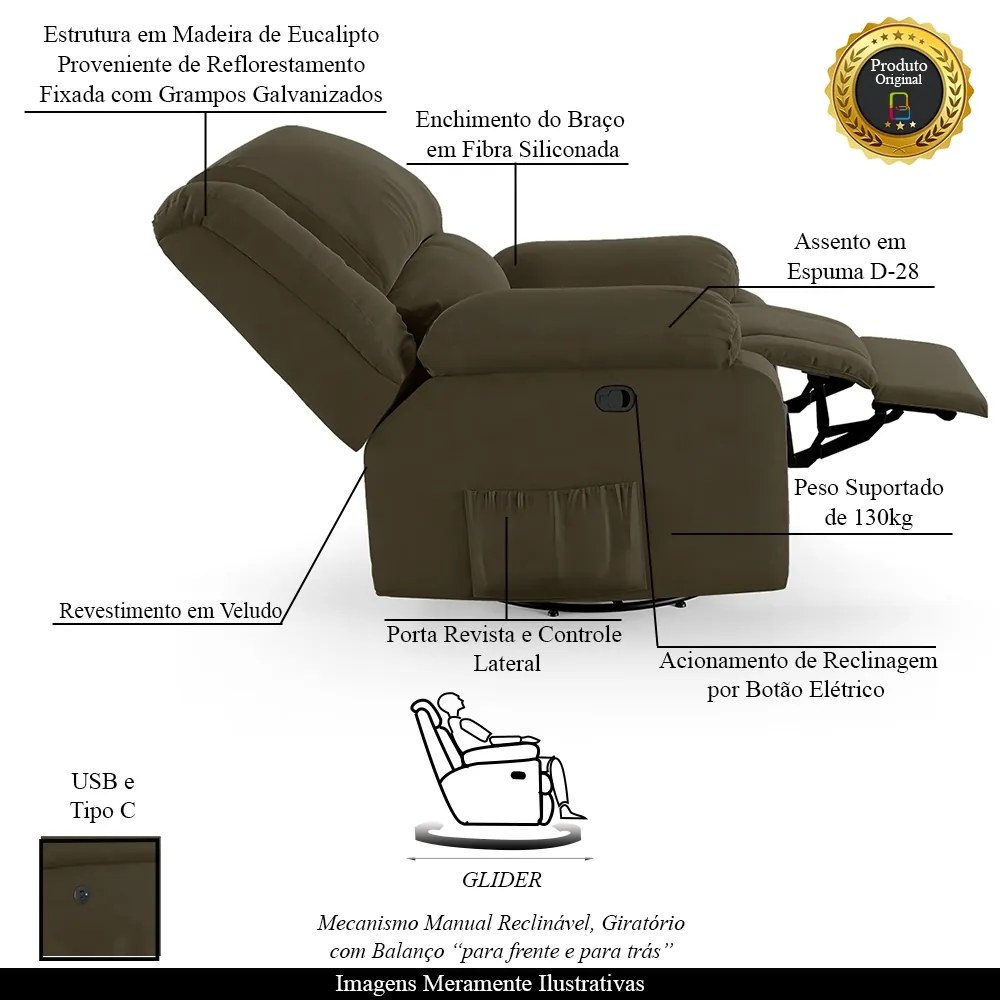 Poltrona do Papai Reclinável Sala de Cinema Madrid Glider Manual Giratória USB Veludo Capuccino G23