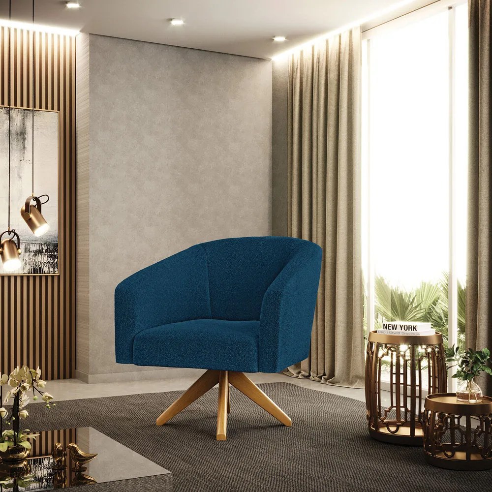 Poltrona Sala Decorativa Giratória Madeira Stella Bouclê D03 - D'Rossi - Azul