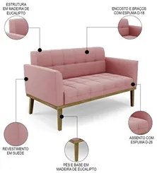Sofá Namoradeira e 1 Poltrona Base Madeira Castanho Ana Suede Rosê - I