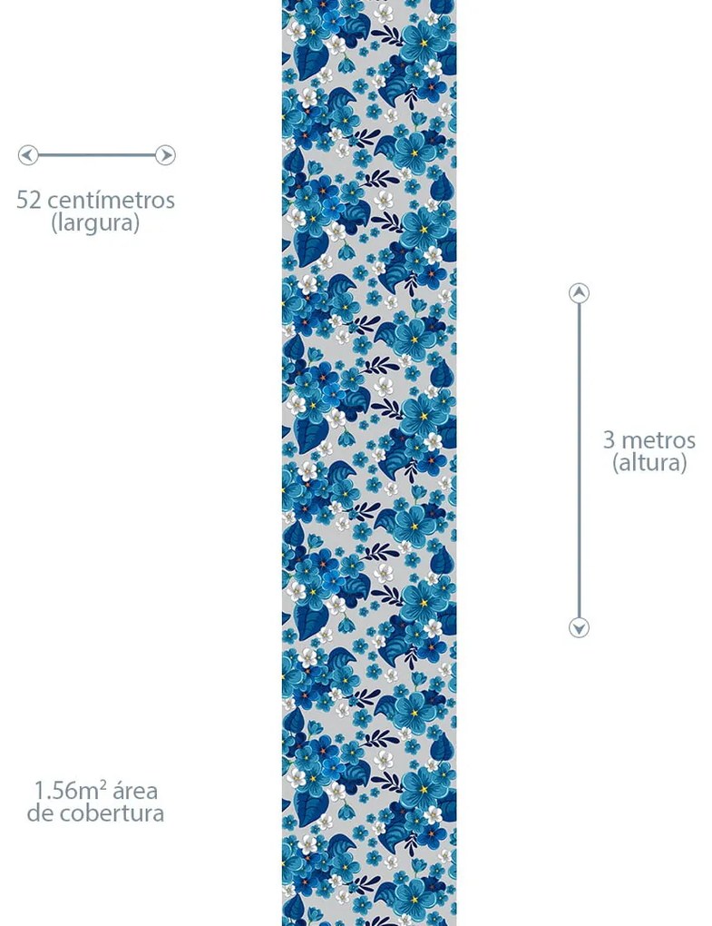 Papel de Parede Floral Branco Azul e Cinza 0.52m x 3.00m