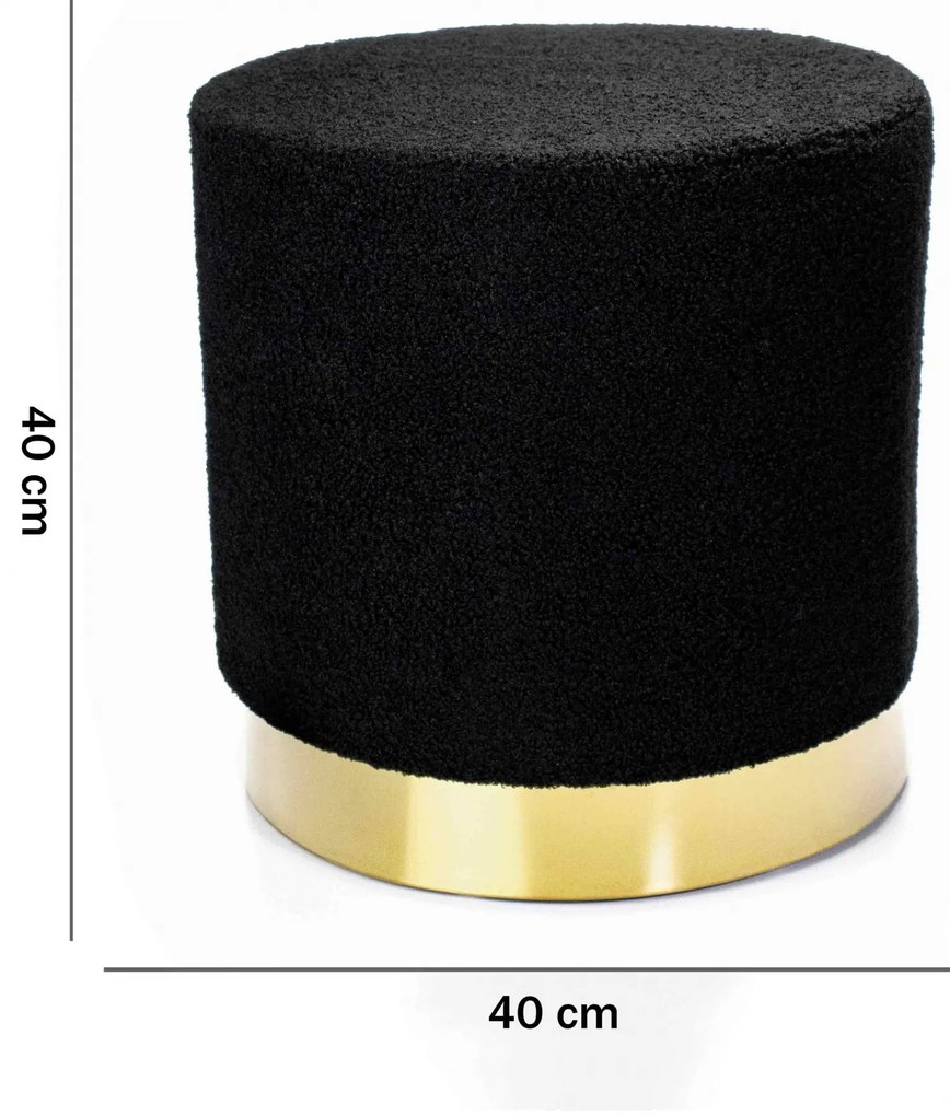 Puff Decorativo Redondo Em Bouclê Preto Com Detalhe Dourado na Base 40 cm M02 - D'Rossi