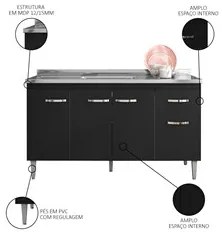 Balcão Gabinete Com Pia Inox 150cm 4 Portas e 1 Gaveta Gabriela Preto