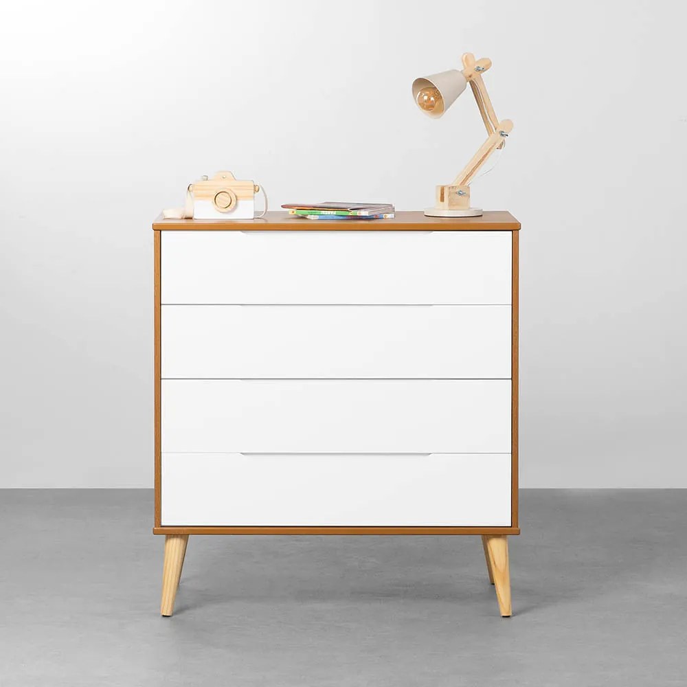 Cômoda Elfe 4 Gavetas com Pés Retrô Natural - Branco Fosco e Savana