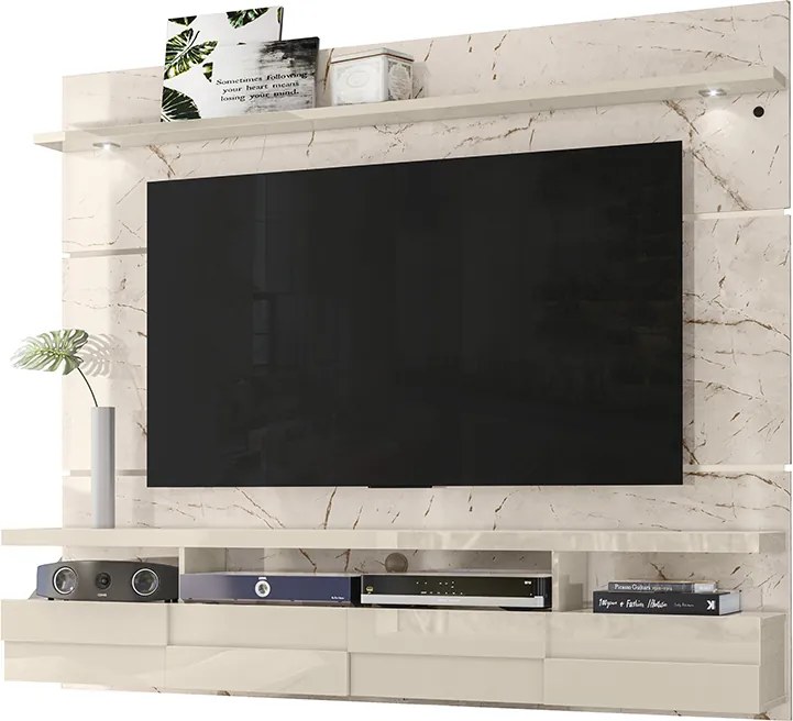 Painel TV 60 Pol 182cm Bancada Suspensa para Sala Quelen Calacata/Off White M20 - D'Rossi
