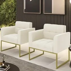 Poltrona Base Industrial Dourado Kit 2 Ana Veludo Bege - Ibiza
