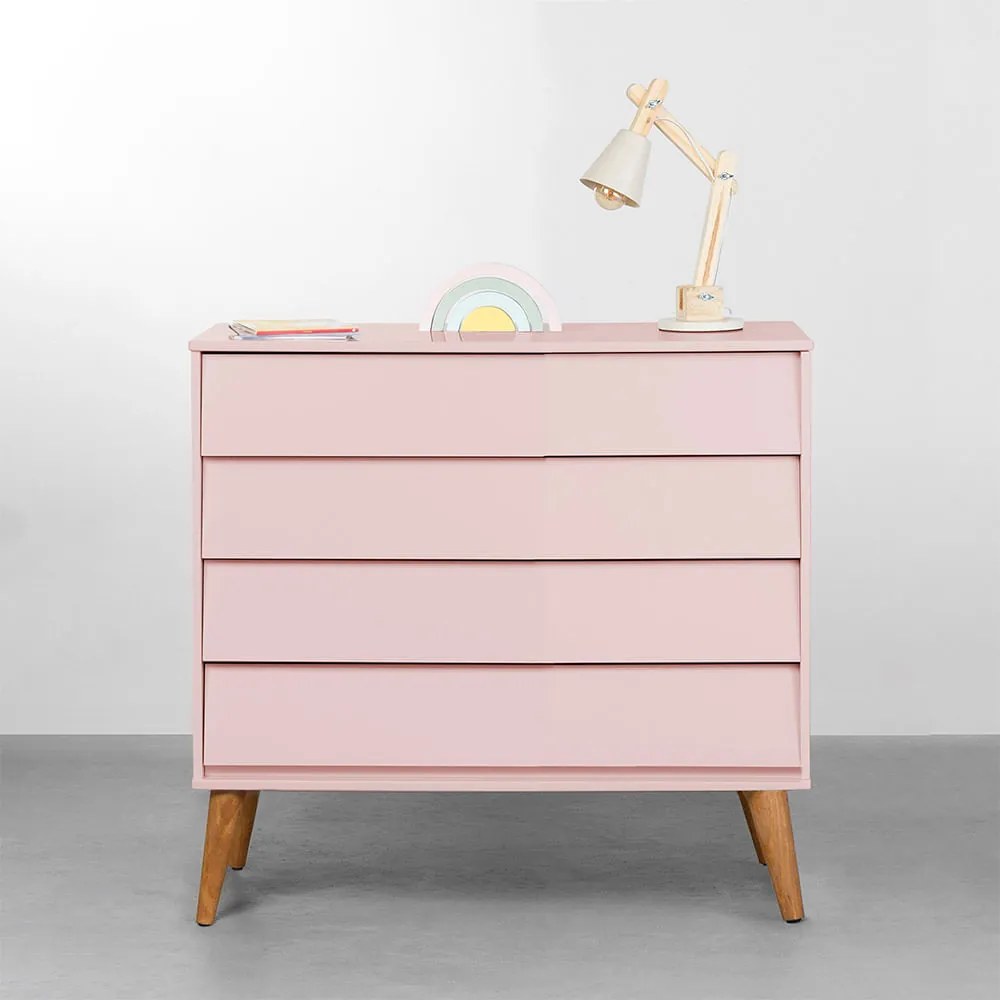 Cômoda Noah 4 Gavetas com Pés Retrô Mel - Rosa Fosco